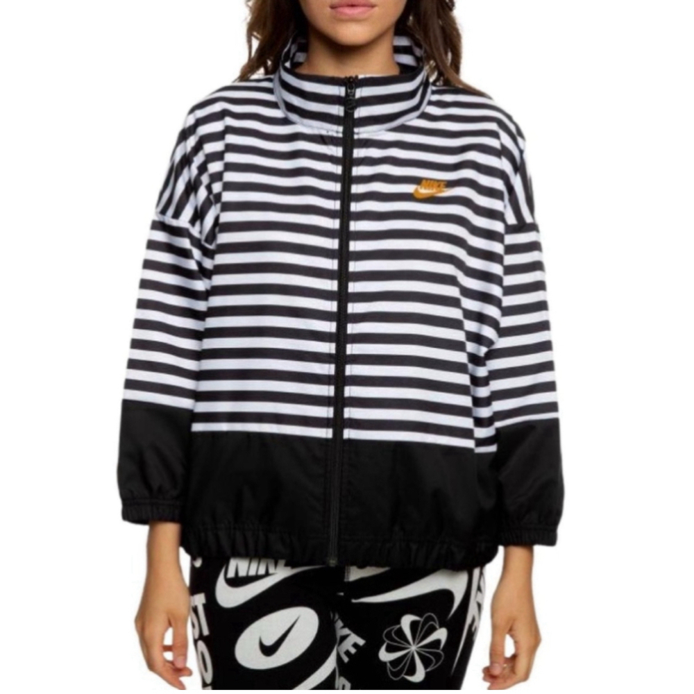 Nike Womens Black White
Stripe Full Zip Jacket Windbreaker Gold Swoosh L